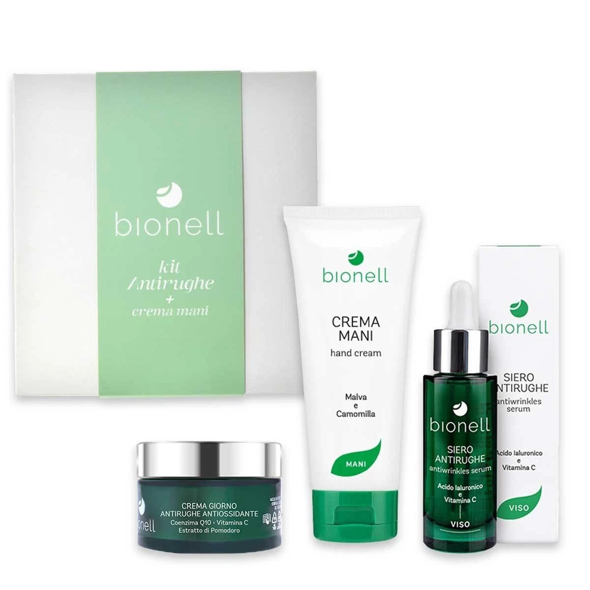 Bionell Kit Antirughe Crema Viso 75ml + Siero 30ml + Crema Mani 100ml regalo