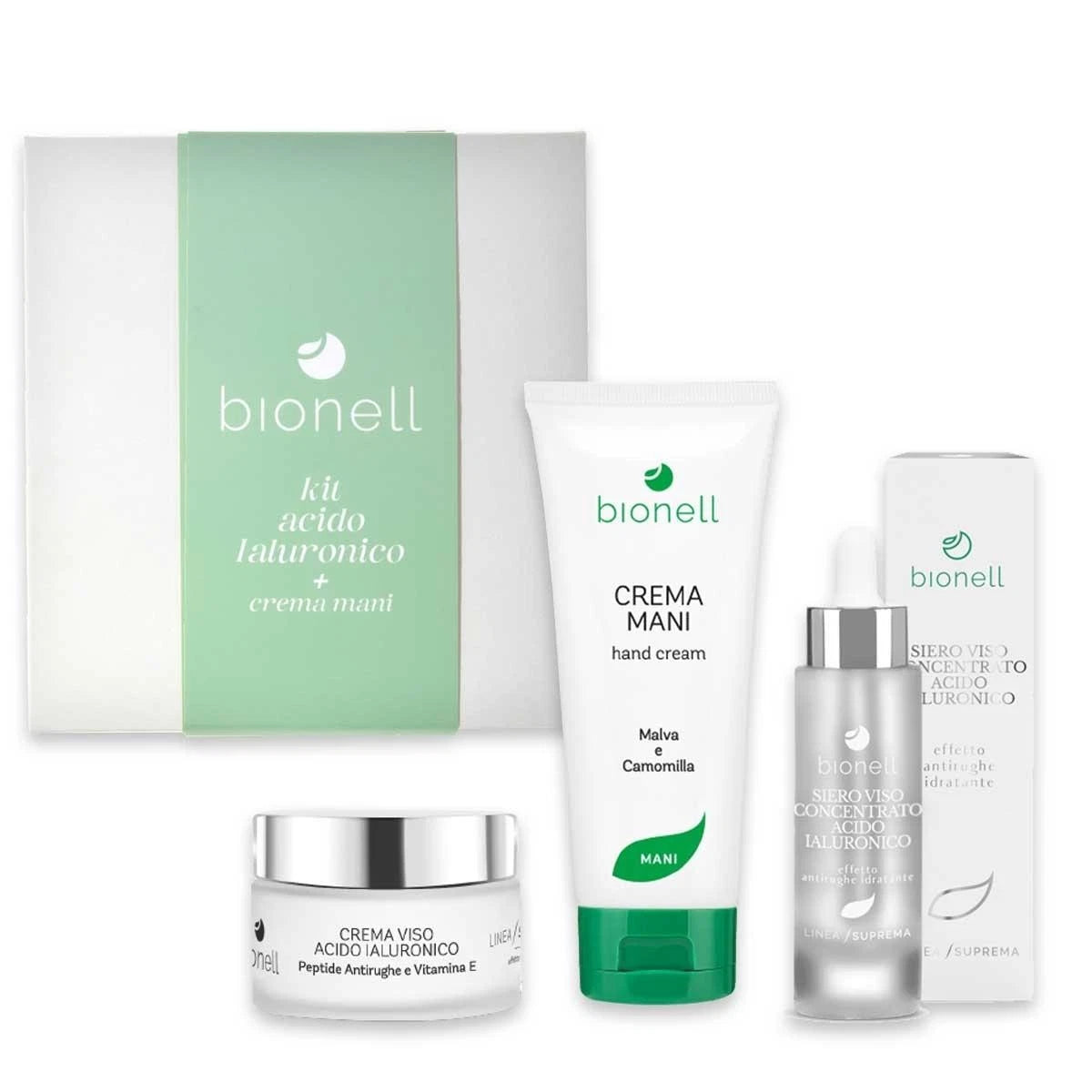 Bionell Kit Ialuronico Crema Viso 75ml + Siero 30ml + Crema Mani 100ml regalo